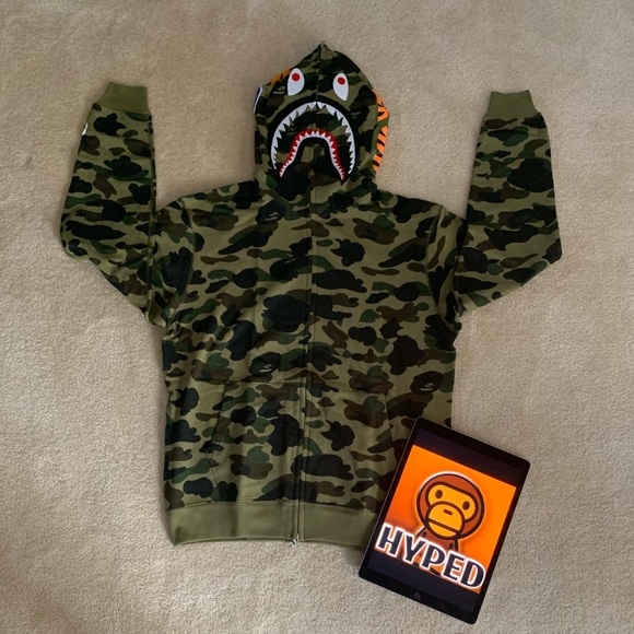 Bape OG Green Camo Zip-Up Shark Hoodie - Picture 1 of 8
